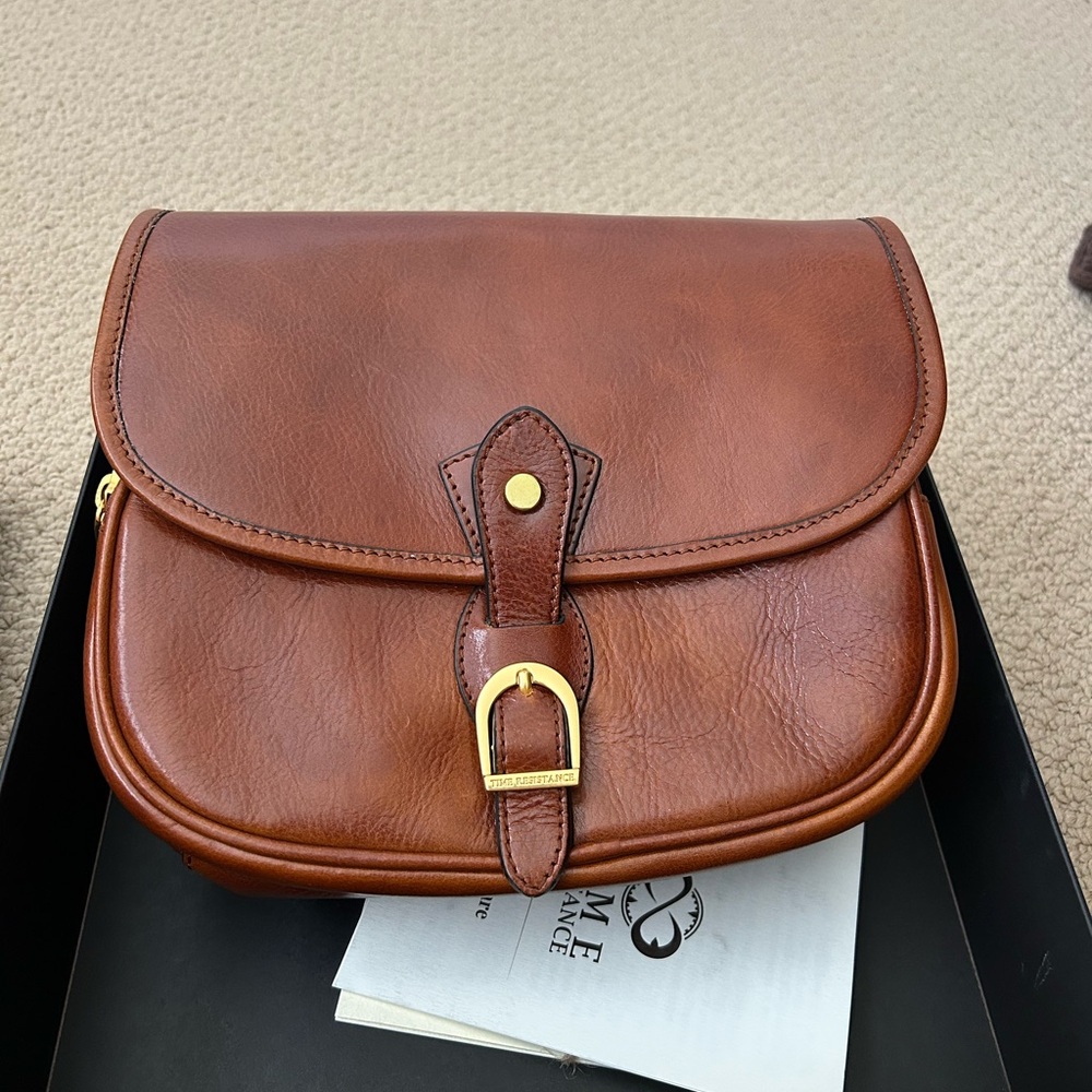 Cognac Brown Leather Saddle Bag. Made in Italy.